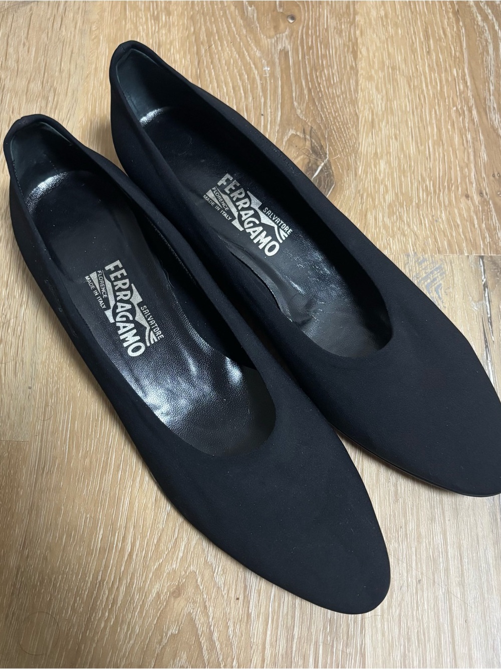 Salvatore Ferragamo black stretch fabric low wedge pumps size 11 made in Italy
